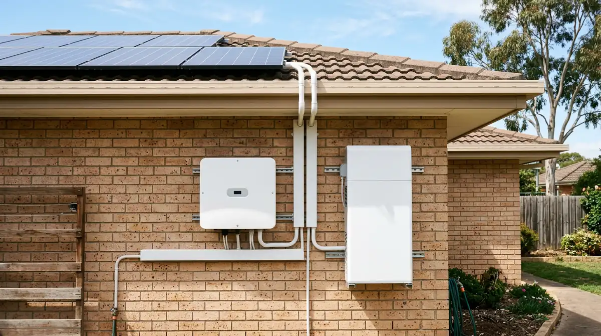 Solar inverter and home battery mounted side by side on the outside wall of an Australian house