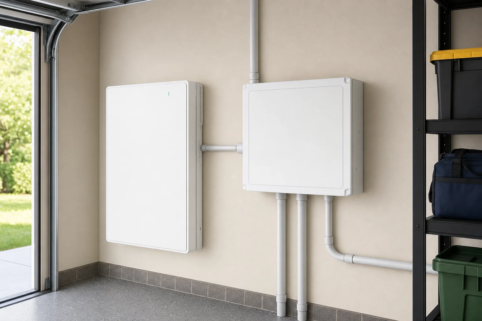 Home battery and automatic backup changeover gateway side by side on a Melbourne garage wall, wired for essential circuits protection