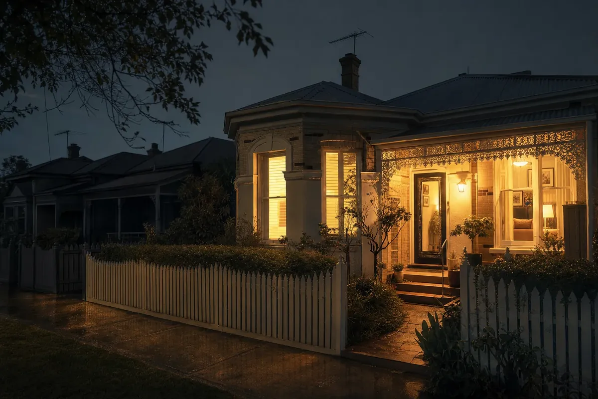 Melbourne home interior with lights on during a dark evening representing battery backup power keeping essential loads running during a blackout