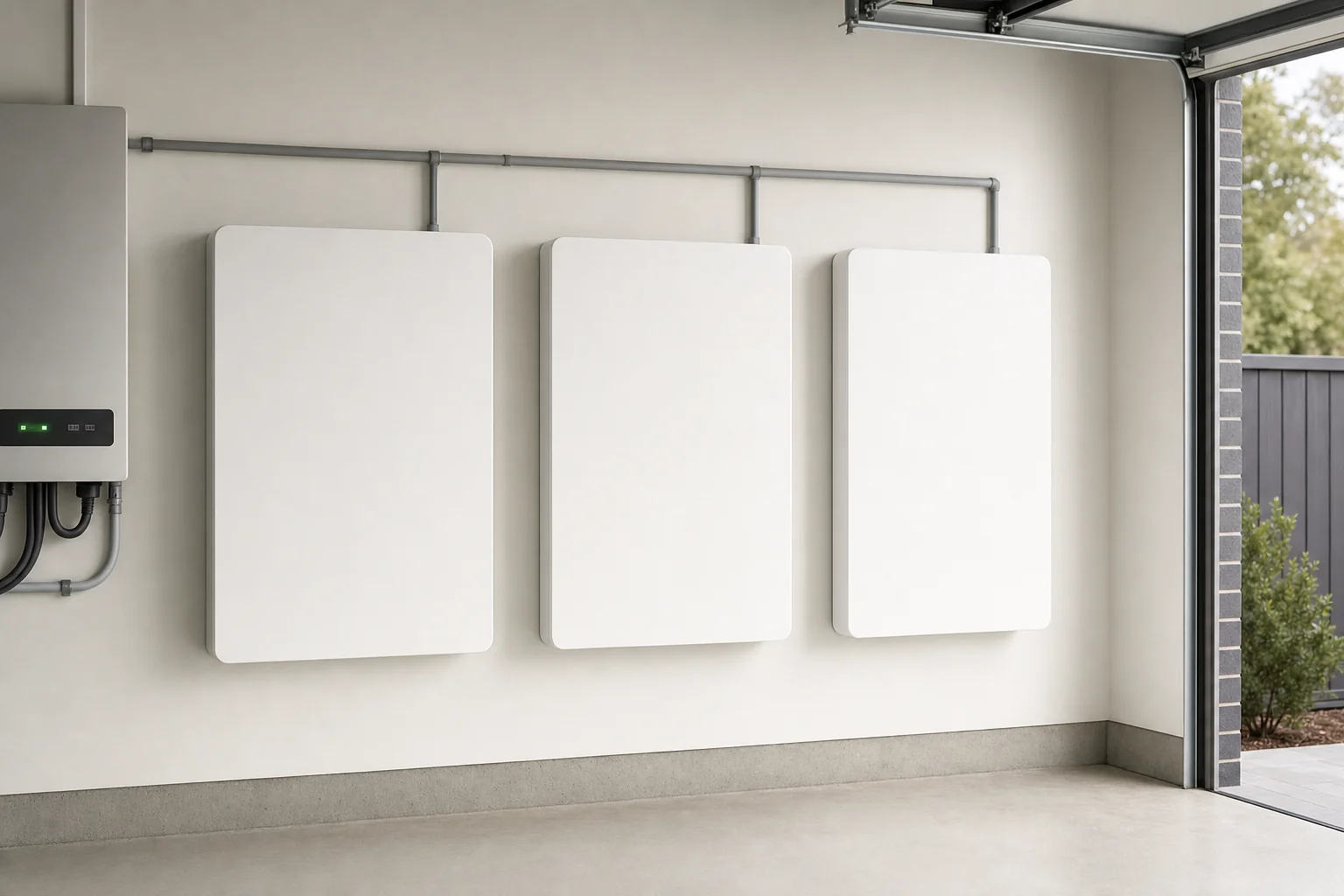 Side-by-side wall-mounted home battery units in a Melbourne garage showing different form factors and mounting configurations