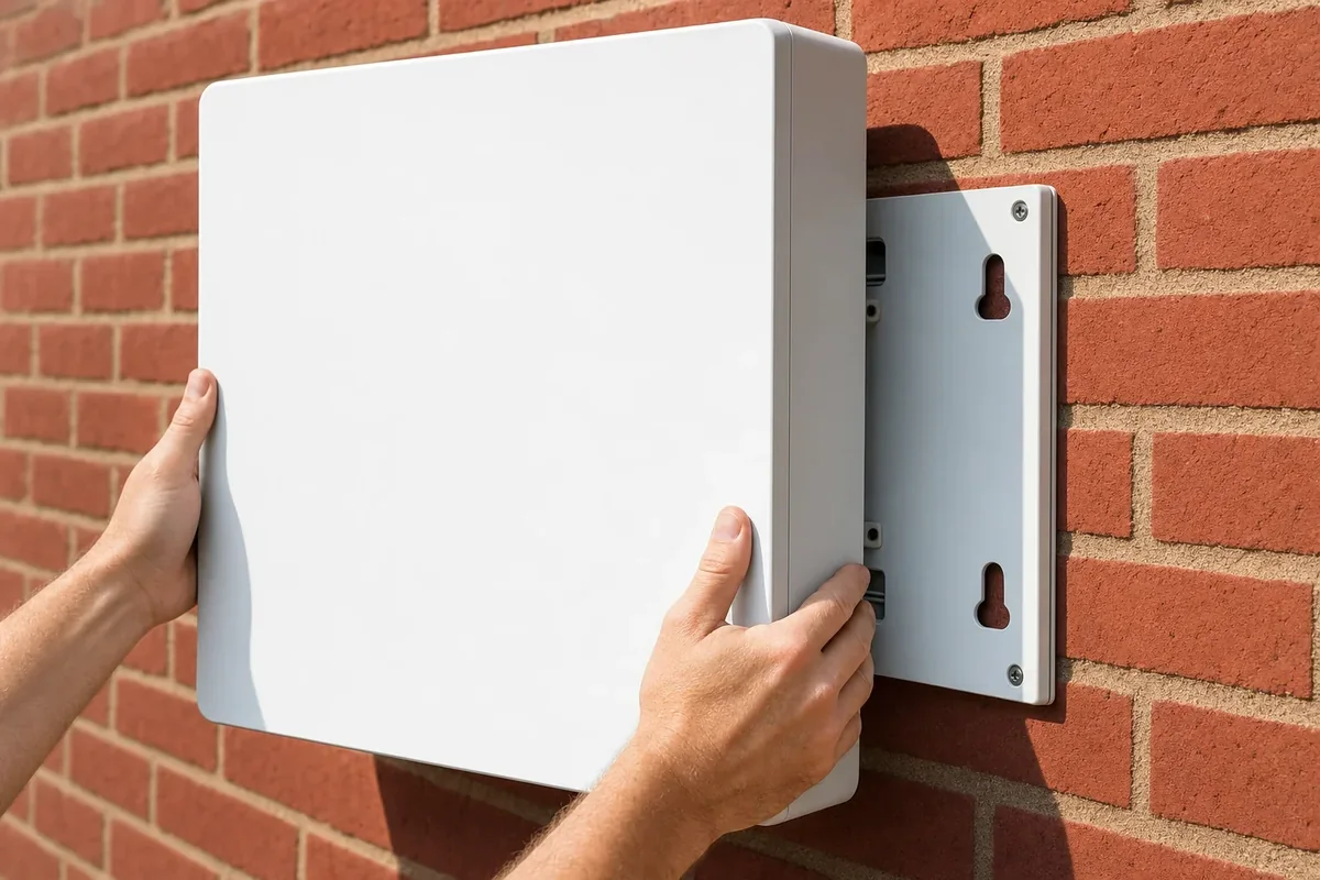 Solar installer securing a home battery bracket to the brick wall of a Melbourne garage during a retrofit installation