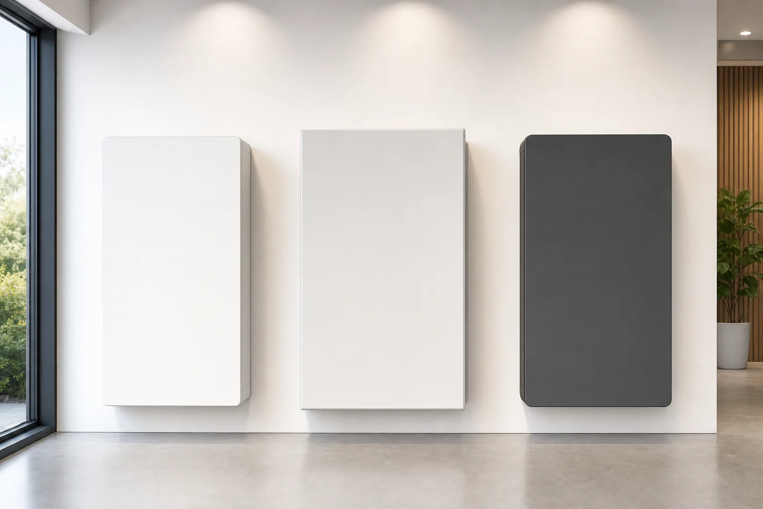 Three wall-mounted battery storage units side by side in a Melbourne residential garage showing different form factors