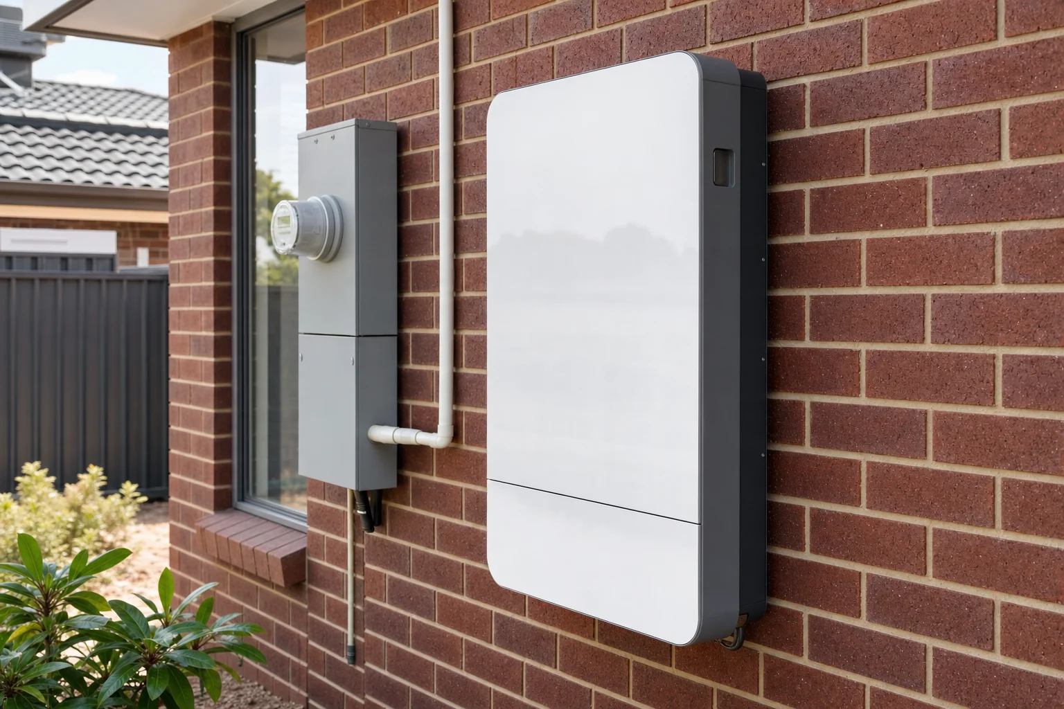 Home battery mounted in a Melbourne garage with no solar panels visible, connected to the switchboard