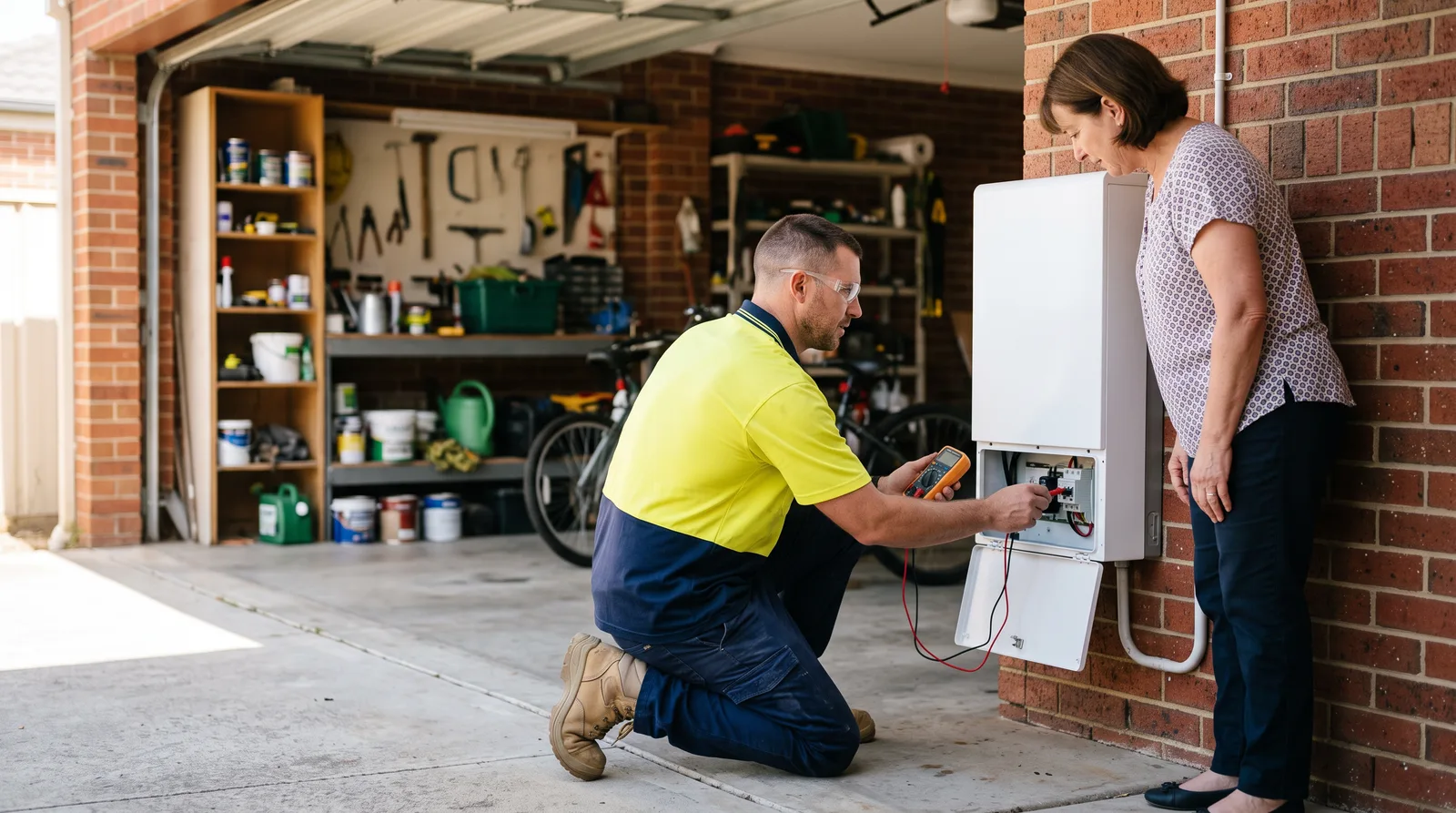Solar electrician testing a wall mounted home battery in the garage of a red brick Melbourne home while the homeowner looks on