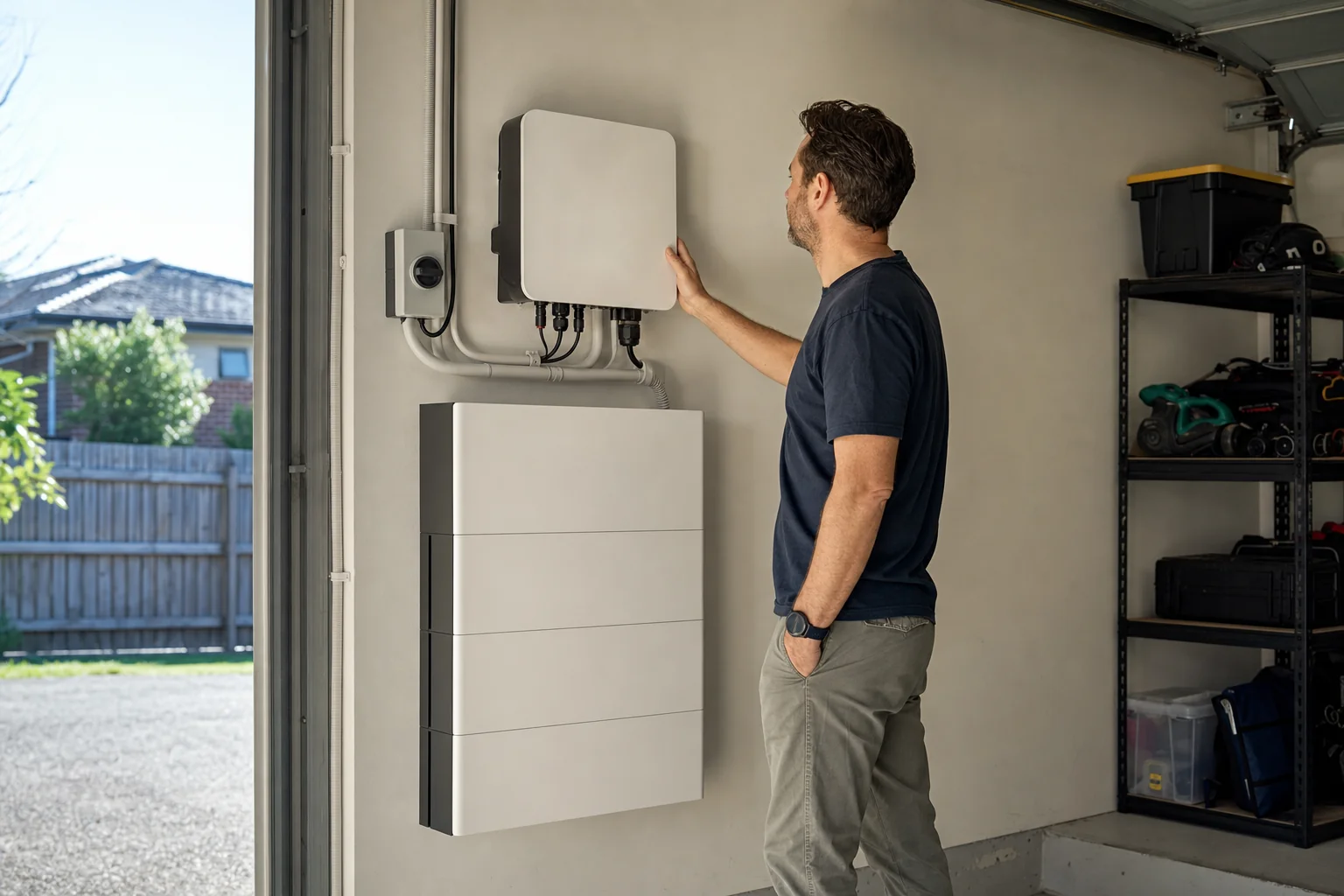 Homeowner reviewing the monitoring display on a wall-mounted battery and inverter in a Melbourne garage after a VPP dispatch event