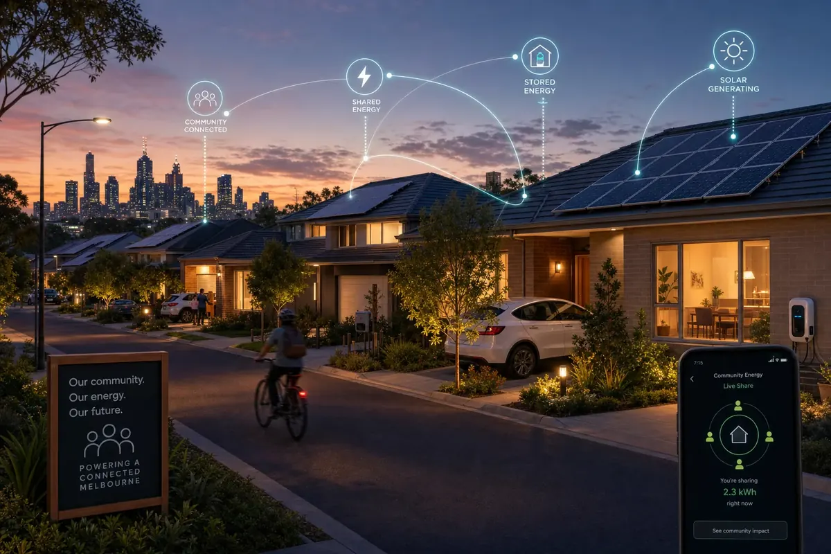 Aerial view of a Melbourne suburban neighbourhood with rooftop solar panels interconnected by glowing energy flow lines