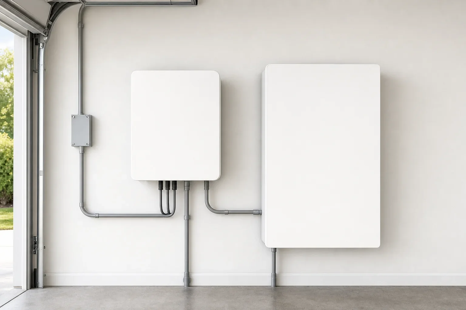 Electrician connecting a new AC-coupled home battery alongside an existing solar string inverter on a Melbourne garage wall