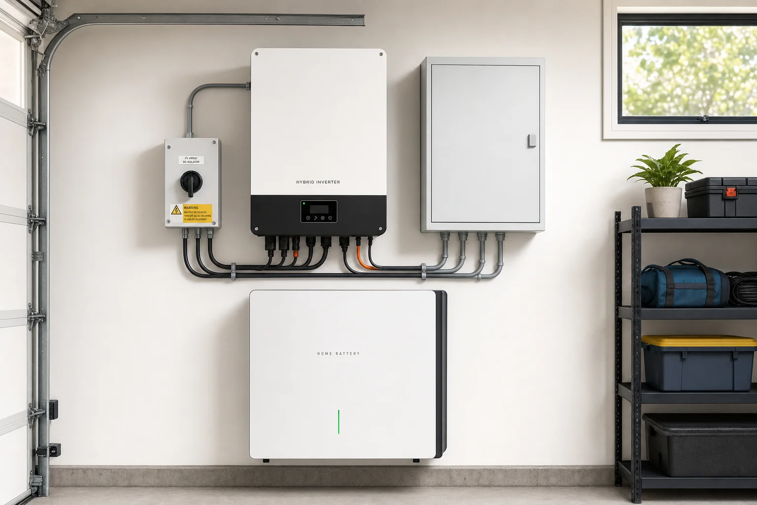 Newly commissioned hybrid inverter and battery system mounted on a clean white Melbourne garage wall, DC-coupled in a single platform
