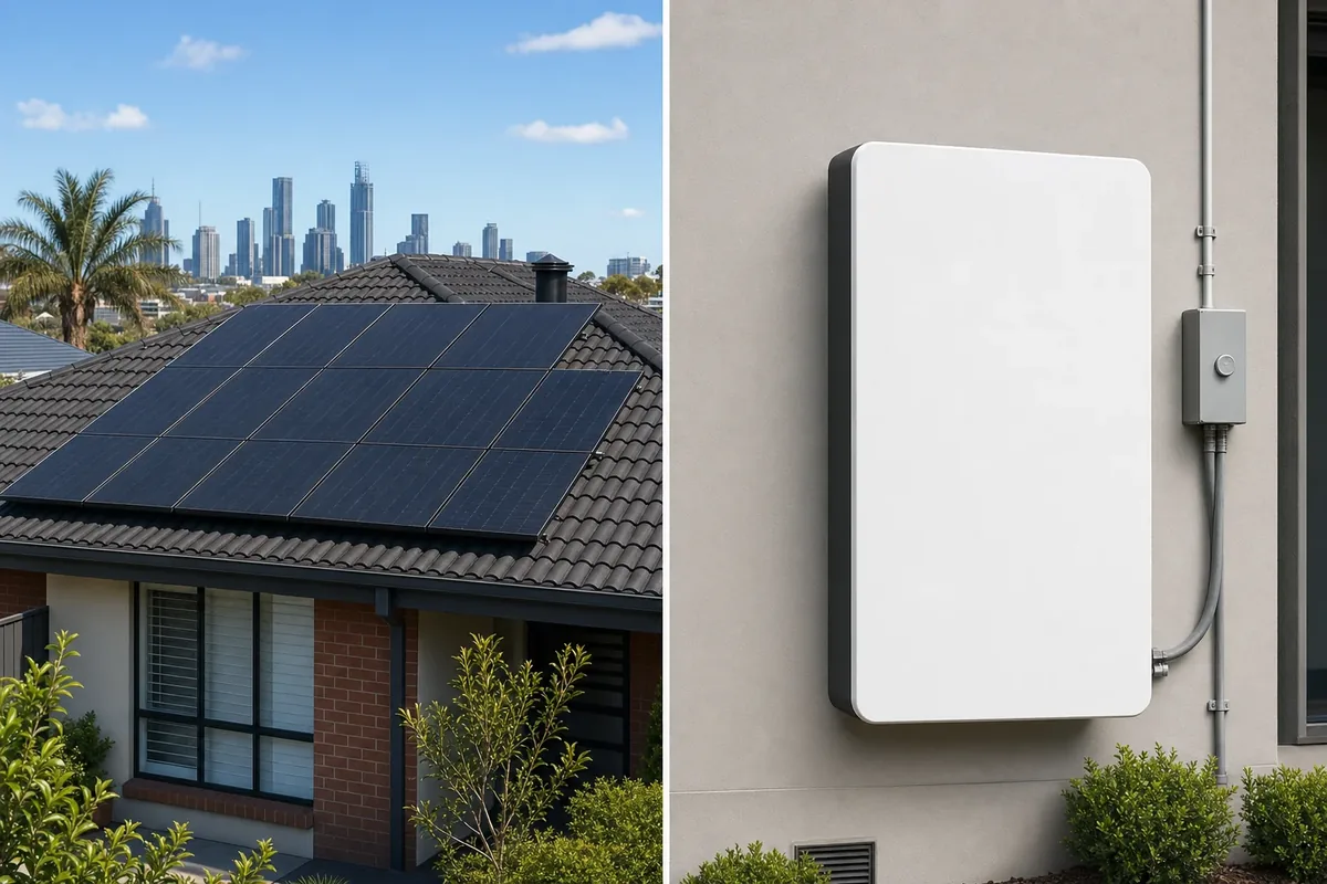 Split image showing a hybrid solar inverter and battery unit installed in a Melbourne home beside a battery retrofit on an existing inverter