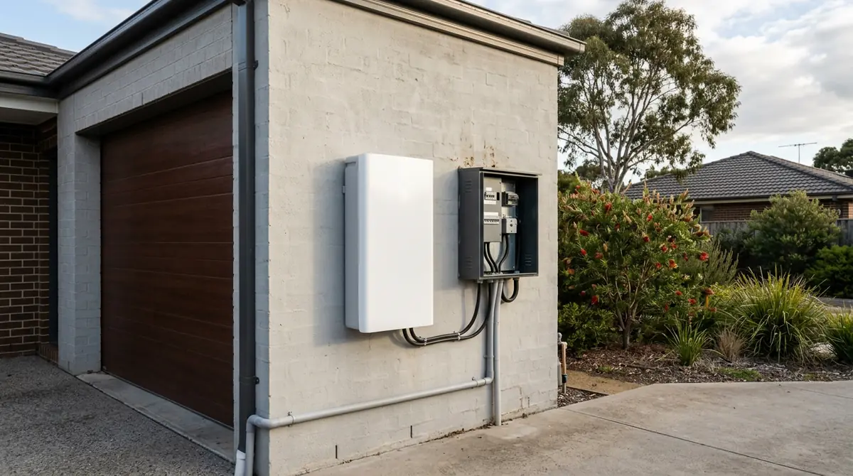 Wall-mounted home battery installed beside a switchboard in a Melbourne house garage