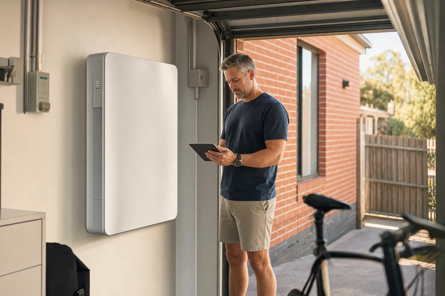 Wall-mounted home solar battery in a Melbourne garage with a homeowner reviewing energy use on a tablet
