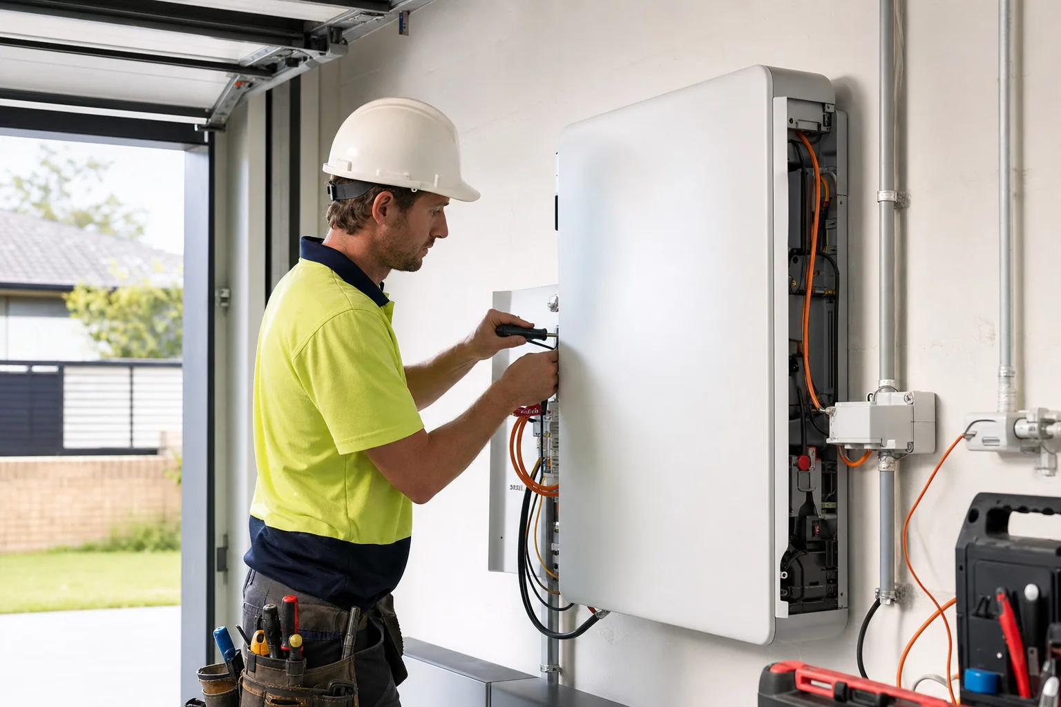 Electrician installing a solar battery on the wall of a Melbourne home with a tablet showing the monitoring app