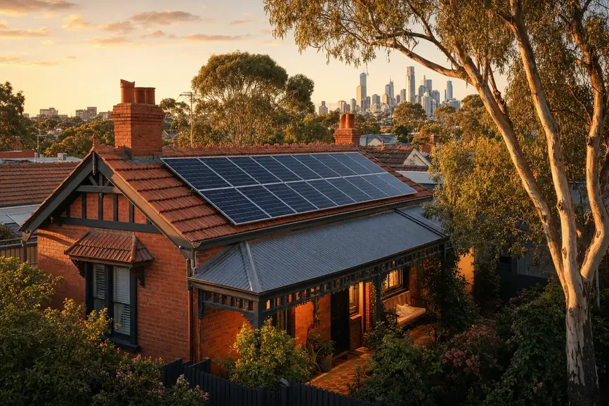 Rooftop solar panels on a red-brick Melbourne home in warm afternoon light, paired with battery storage for self-consumption