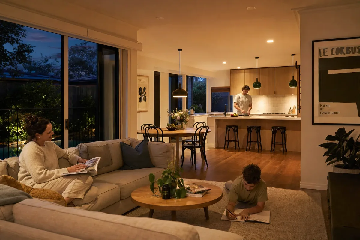 Melbourne family home interior at dusk, with living room lights on and kitchen appliances running on stored solar battery power