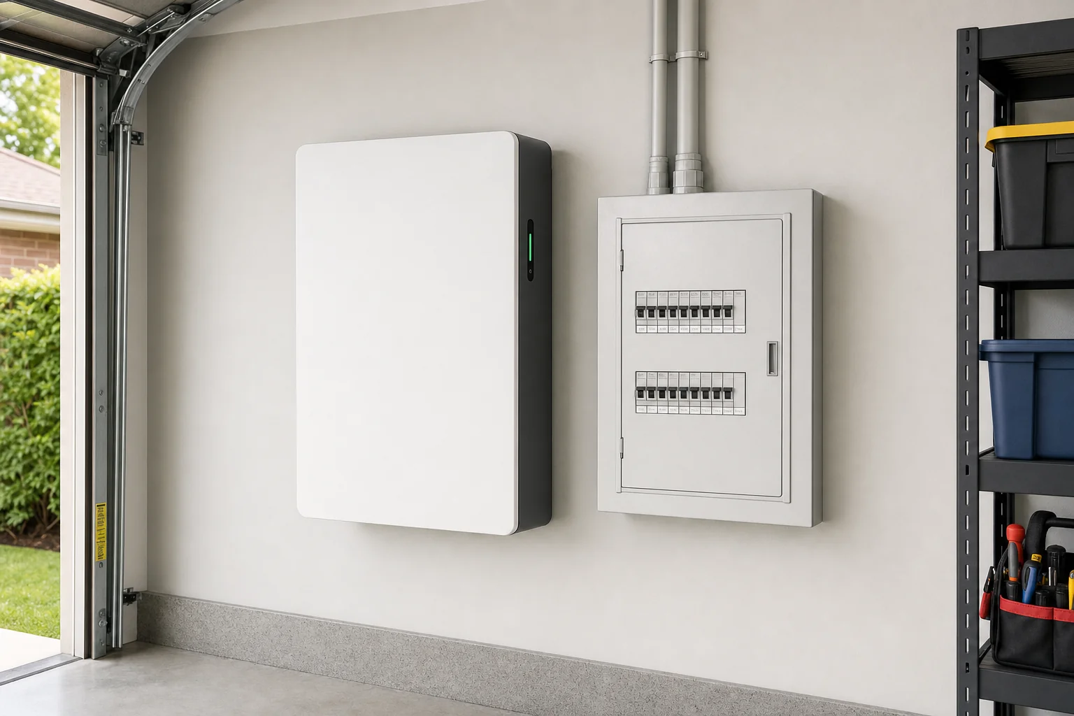 Mid-capacity wall-mounted home battery installed beside a residential switchboard in a Melbourne garage, showing the electrical connection configuration