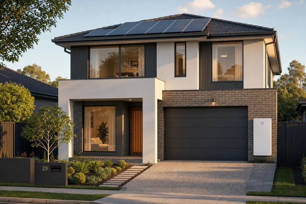 Melbourne family home with rooftop solar panels and an energy monitoring app display showing daily consumption patterns