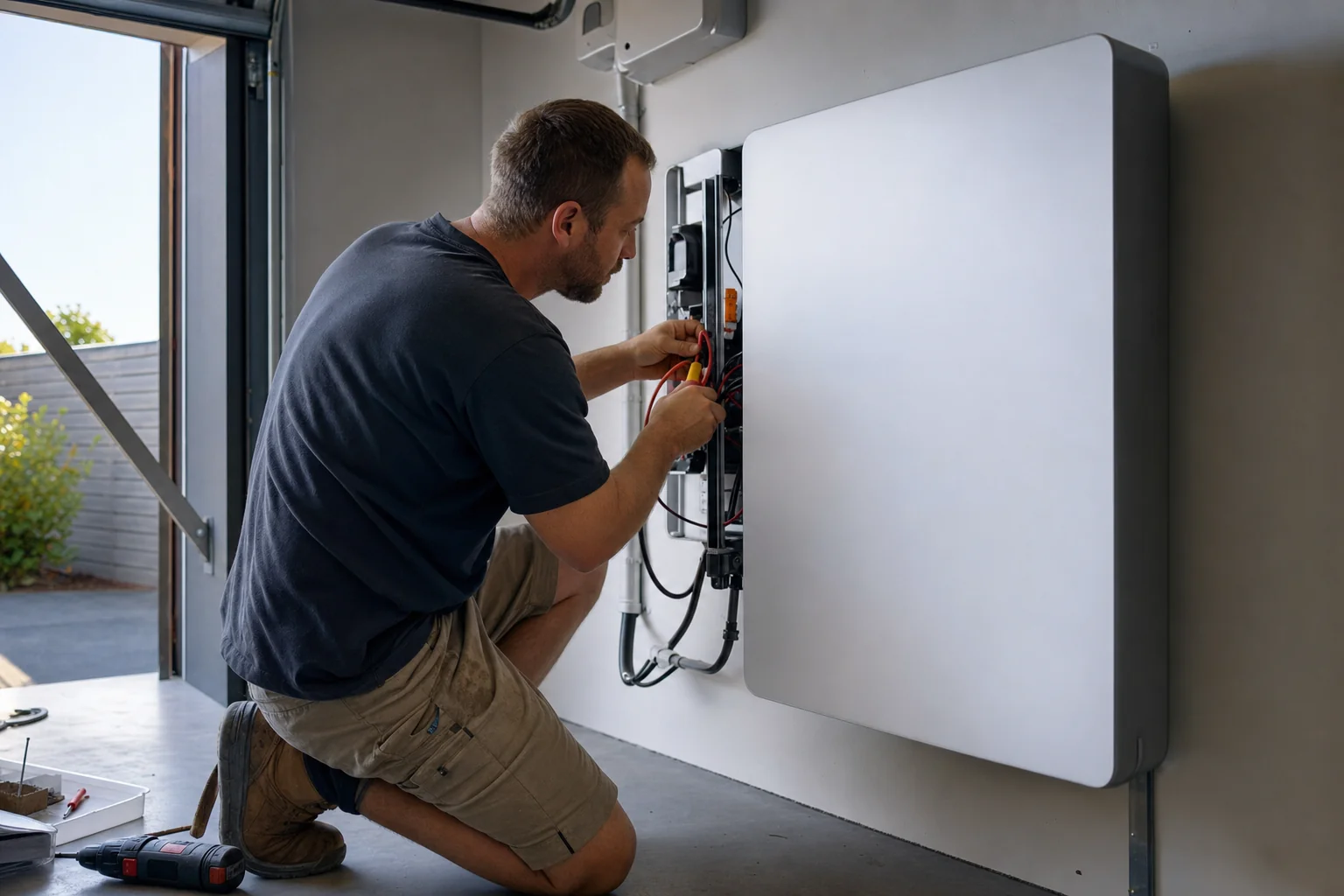 Electrician commissioning a wall-mounted solar battery system inside a Melbourne garage, checking connections on a blank-panel battery unit