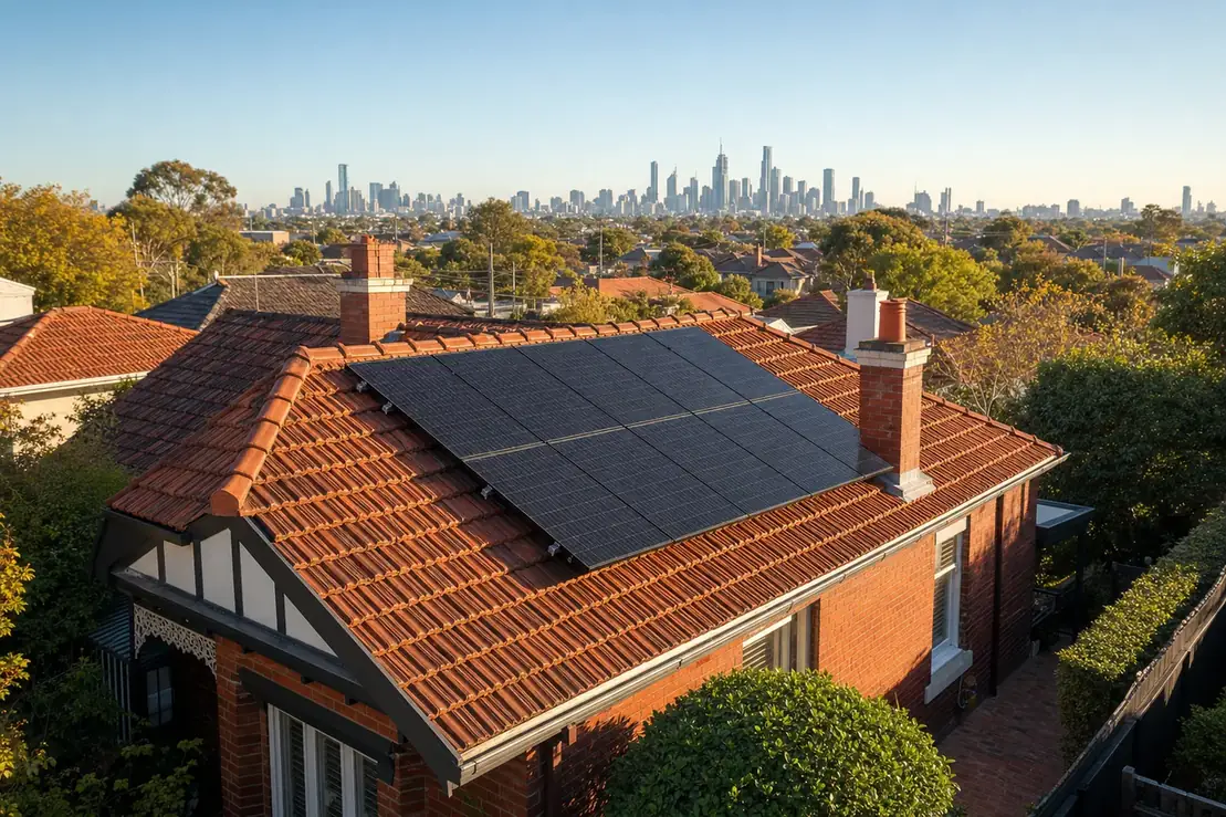 Solar panels installed on a Melbourne rooftop with suburban houses and the city skyline in the background
