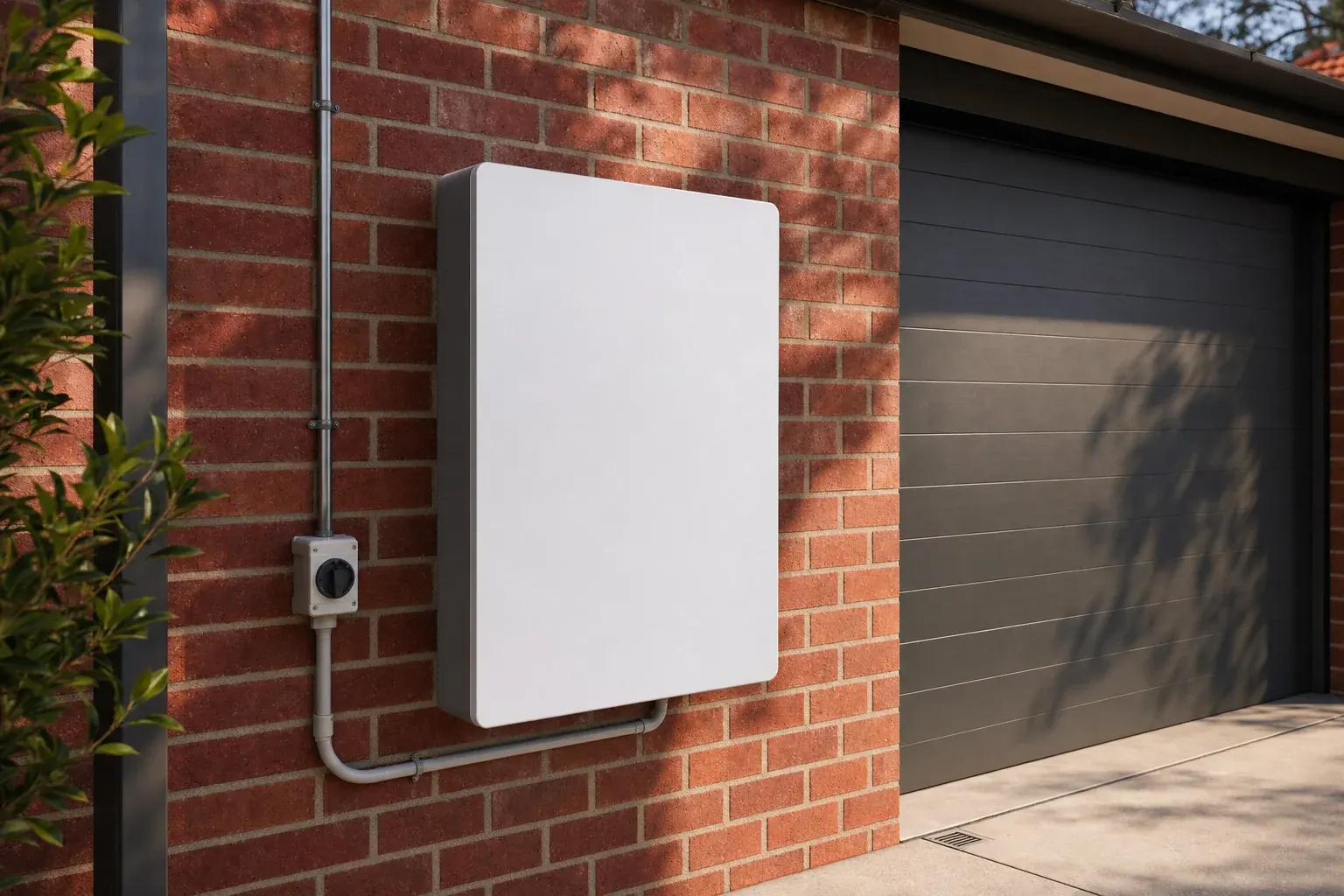 LFP home battery storage unit mounted on the red-brick garage wall of a Melbourne home, connected to the existing solar inverter