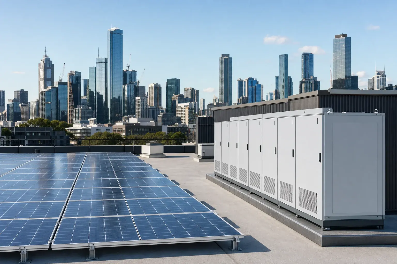 Commercial rooftop solar array and battery storage cabinets on a Melbourne office building with the CBD skyline visible in the background