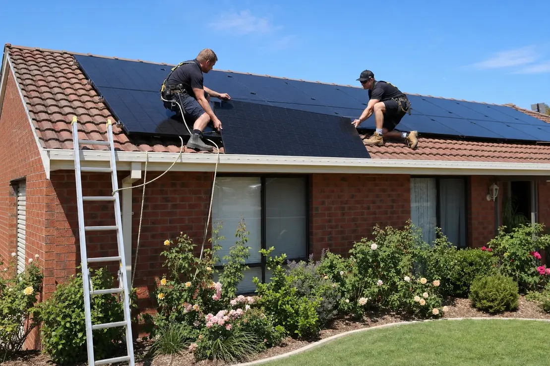 Solar installer positioning panels on a suburban Melbourne tiled roof during a new hybrid solar and battery system installation
