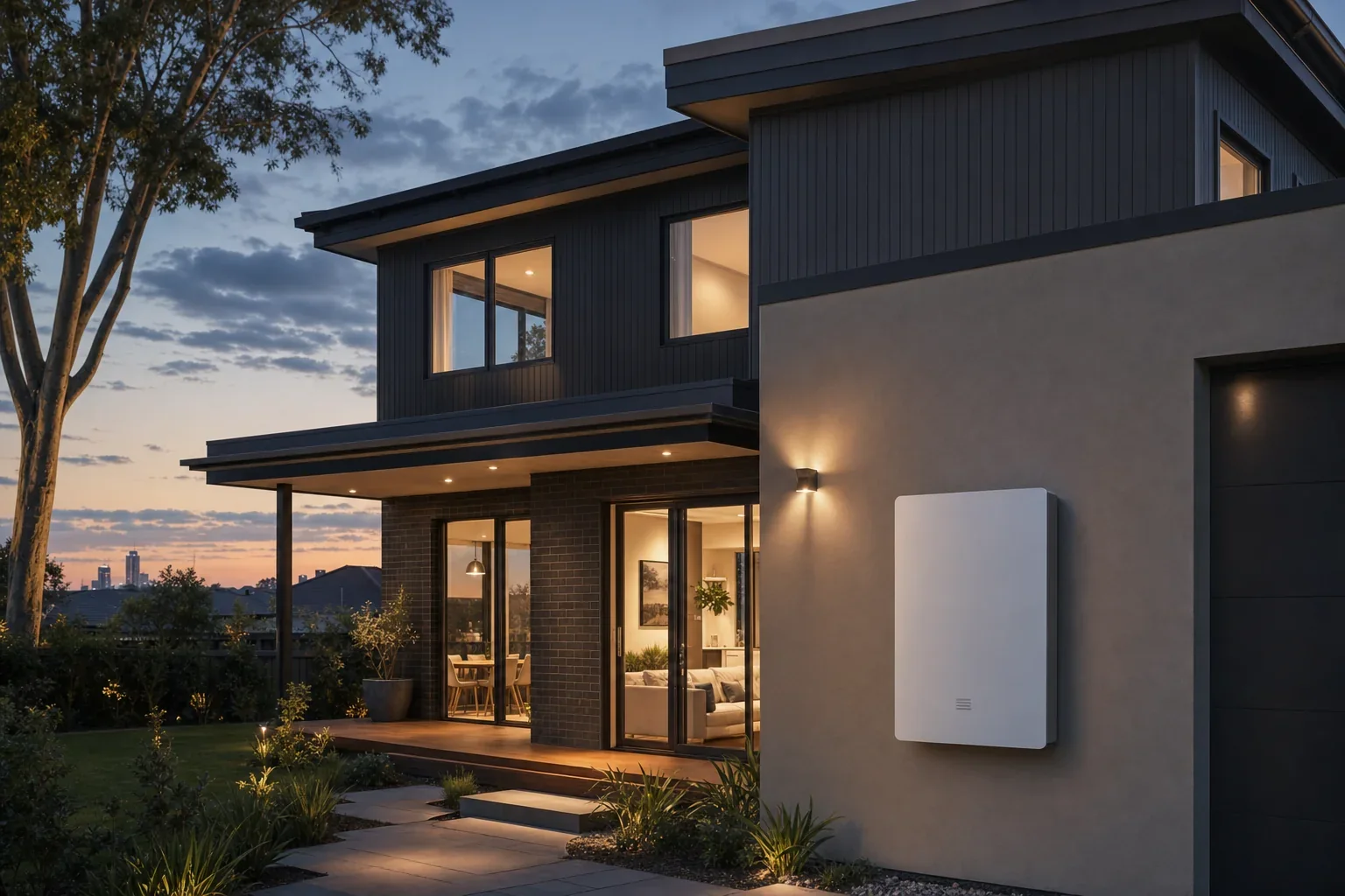 Modern Melbourne home at dusk with warm interior lights powered by a wall-mounted home battery participating in a Victorian Virtual Power Plant
