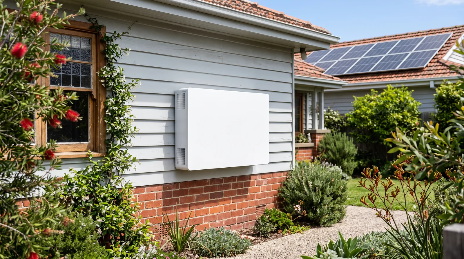 Home battery mounted on the side wall of a bayside Aspendale home with rooftop solar panels above