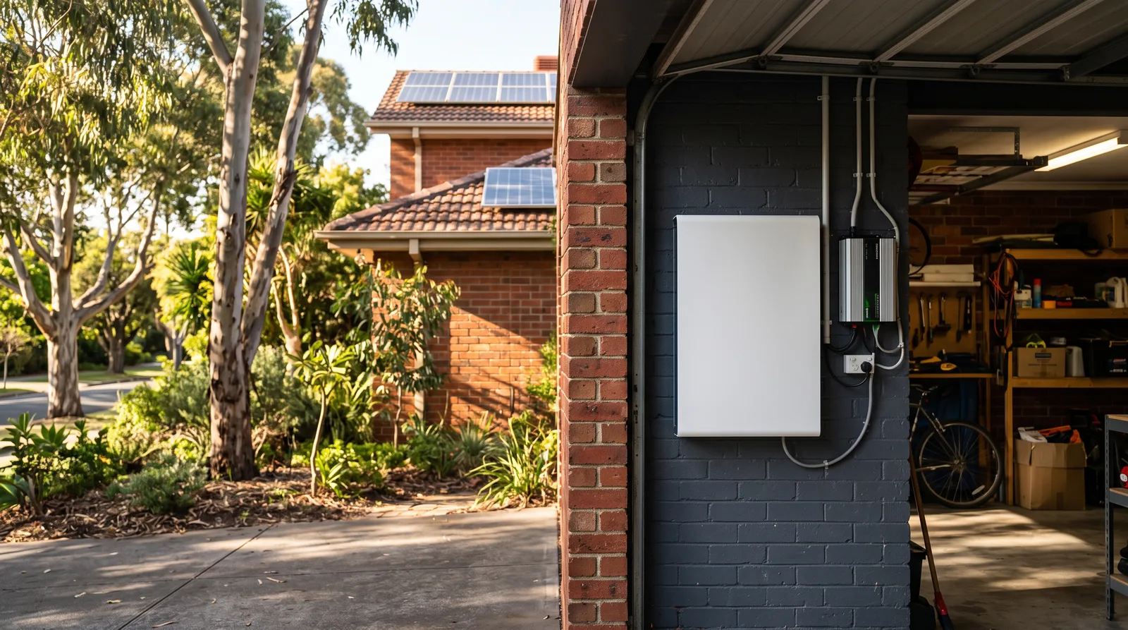 Home battery installed in the garage of an established brick home on a leafy Blackburn street with mature trees