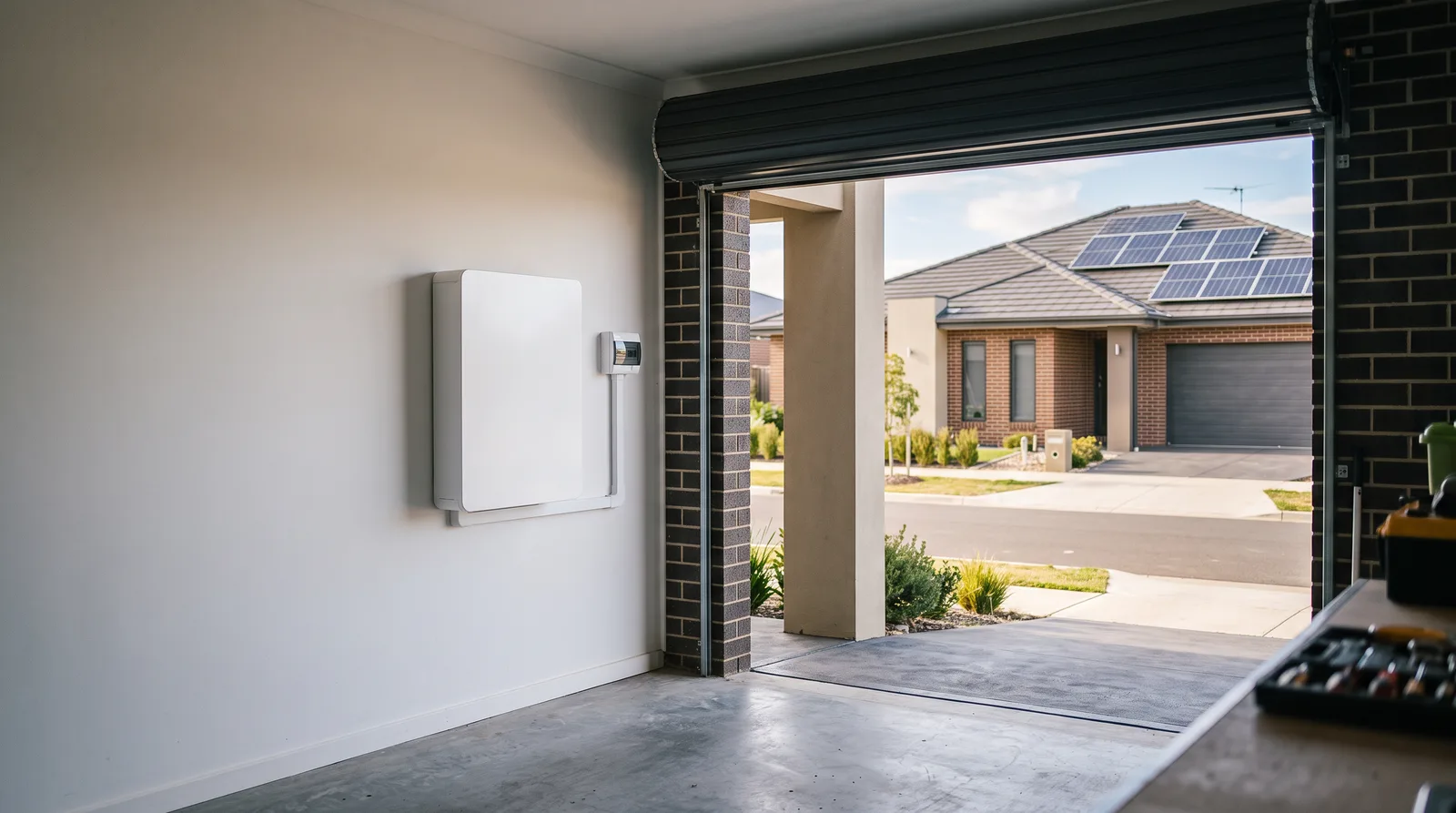 Home battery installed in the garage of a newer Cranbourne estate house, with rooftop solar visible on the main roof
