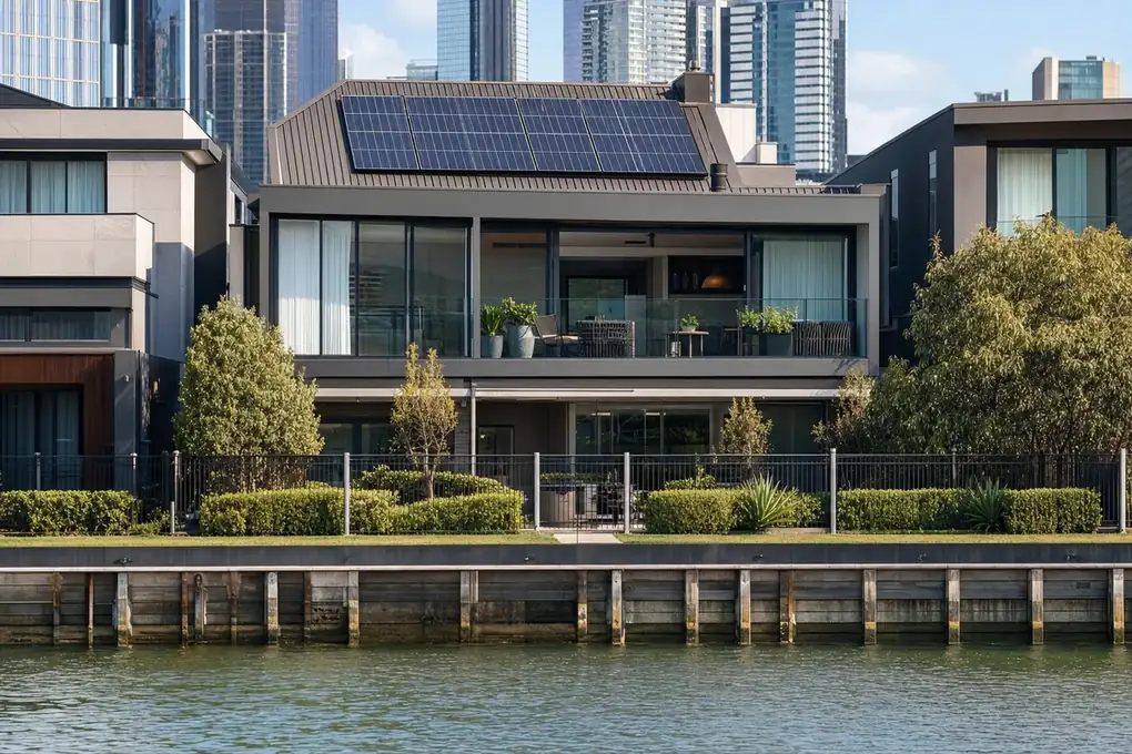Solar battery system on a Docklands waterfront building with Melbourne skyline and Yarra River visible