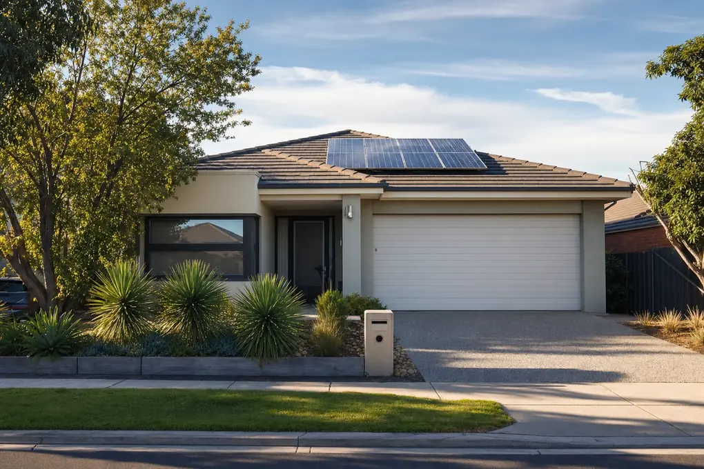 Solar battery and monitoring gateway installed in the garage of an Epping northern suburbs estate home, with a rooftop solar array visible on the main roof