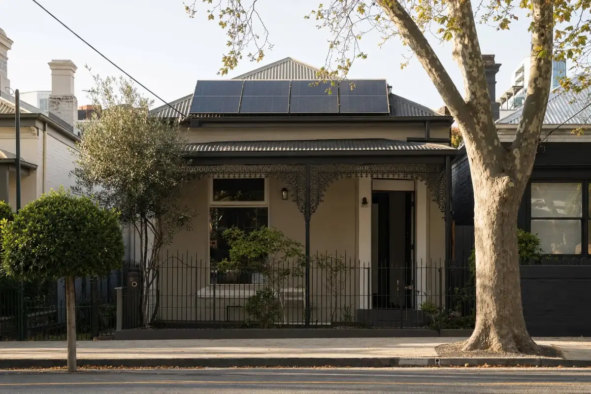Home battery mounted on the rear laneway wall of a Fitzroy Victorian terrace, with a compact rooftop solar system visible on the slate roof above