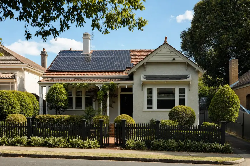 Solar battery and monitoring gateway mounted in the garage of a Kew heritage home, with a large rooftop solar array visible above an established garden