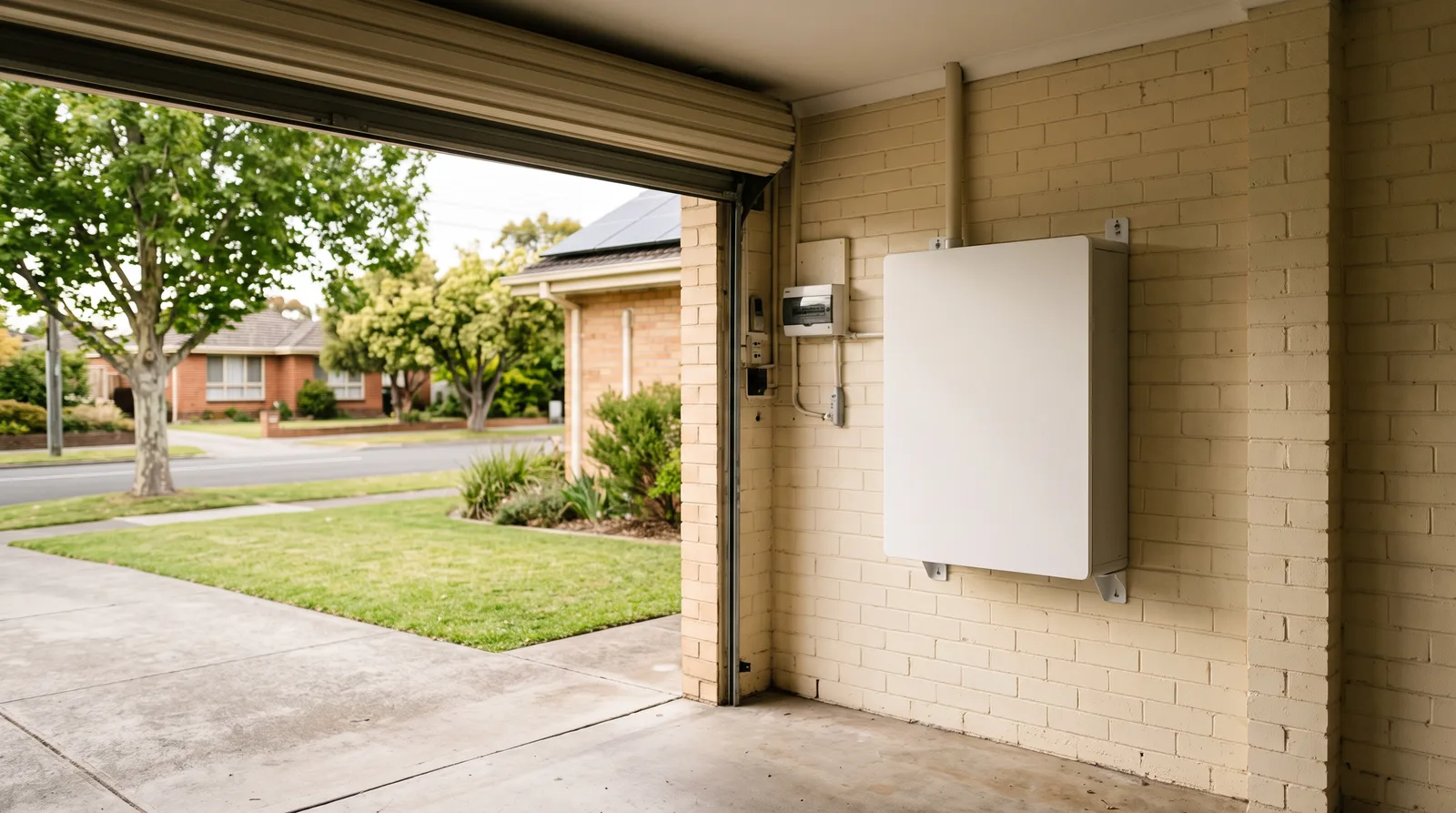 Home battery installed in the garage of an established cream brick Mount Waverley home with rooftop solar above