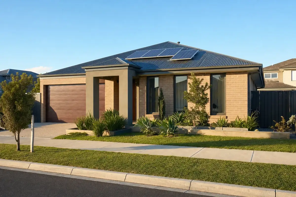 Solar battery system inside the double garage of a Point Cook modern estate home, with a large rooftop solar array on the two-storey facade visible from the street
