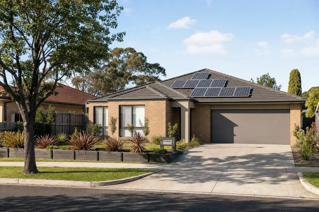Home battery system on a Ringwood family brick home, with rooftop solar panels and the tree-lined streets of the outer-eastern Melbourne suburb visible