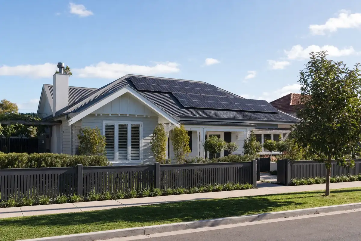 Solar battery system installed on a Sandringham bayside home with rooftop solar panels and Port Phillip Bay visible in the background