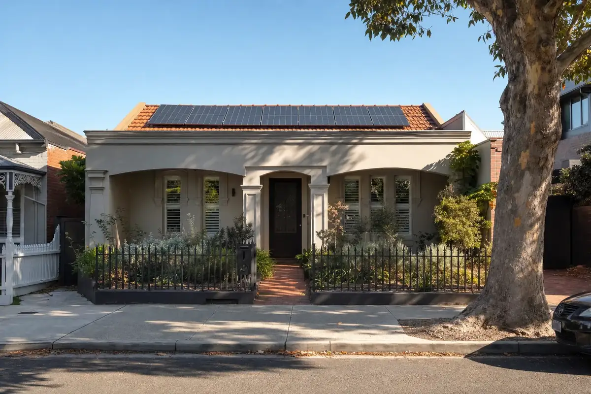 Home battery and inverter on a converted South Melbourne terrace home, with the Melbourne CBD skyline clearly visible over the roofline