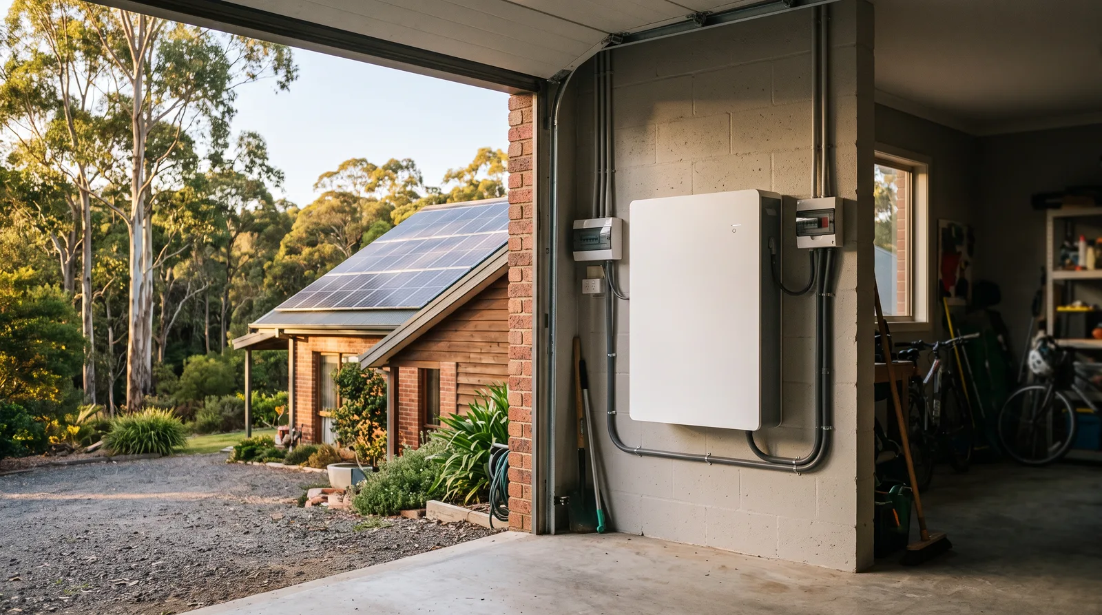 Home battery installed in the garage of a Warranwood property on a large leafy block backing onto bushland