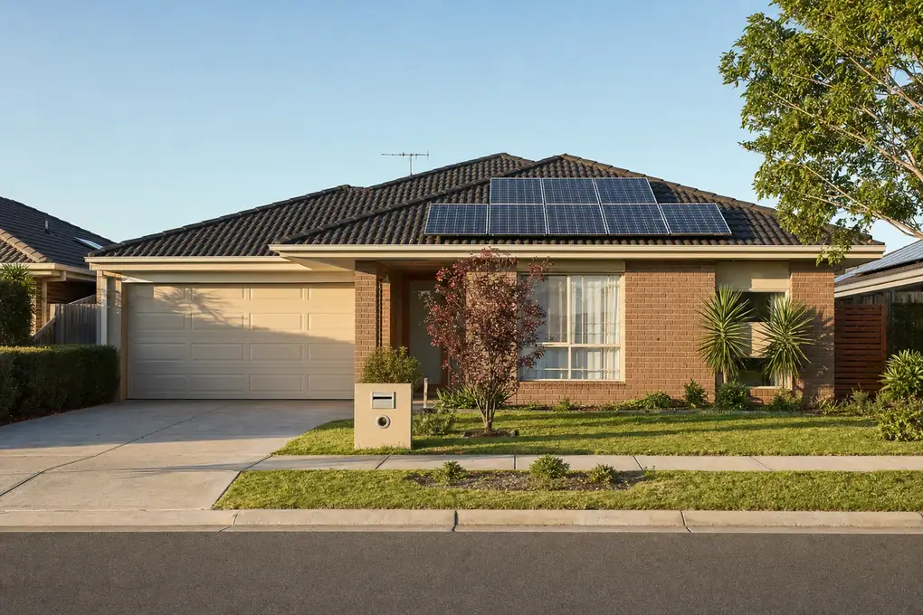 Solar battery system installed in the garage of a Werribee family home with rooftop solar and flat outer-western Melbourne landscape visible